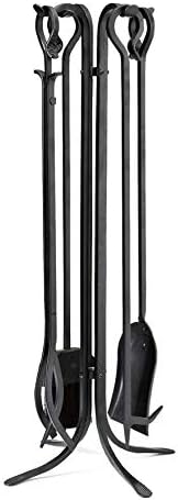 Plow & Hearth Tall 5 Piece Hand Forged Iron Fireplace Tool Set with Poker, Tongs, Shovel, Broom, and Stand 7-in Diam. x 32.5 H Black