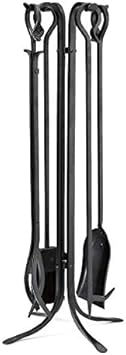 Plow & Hearth Tall 5 Piece Hand Forged Iron Fireplace Tool Set with Poker, Tongs, Shovel, Broom, and Stand 7-in Diam. x 32.5 H Black