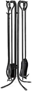 Plow & Hearth Tall 5 Piece Hand Forged Iron Fireplace Tool Set with Poker, Tongs, Shovel, Broom, and Stand 7-in Diam. x 32.5 H Black