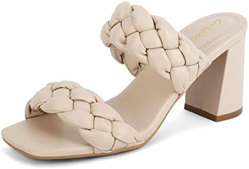 Greatonu Women's Nude Braided Heeled Sandals Square Open Toe Summer Heels Slip On Dressy Sandals with Chunky Heel Size 10