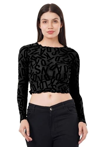Image of ICW Women Long-Sleeves Round Neck Net Printed Transparent Mesh Sheer Crop Top T-Shirt DN38(Mix Print)