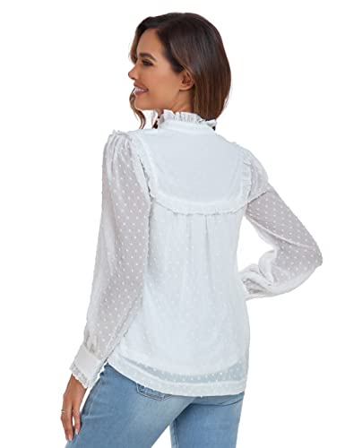 Prettyguide Women's Flowy White Shirt High Neck Ruffle Chiffon Tops Mesh Puff Long Sleeve Business Casual Blouses Xl #TOP5