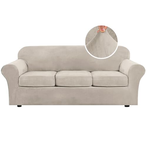 H.VERSAILTEX Modern Velvet Plush 4 Piece High Stretch Sofa Slipcover Sofa Cover Furniture Protector Form Fit Thick Velvet Sofa Cover for 3 Cushion Couch Width Up to 90 Inch (Sofa, French Oak)
