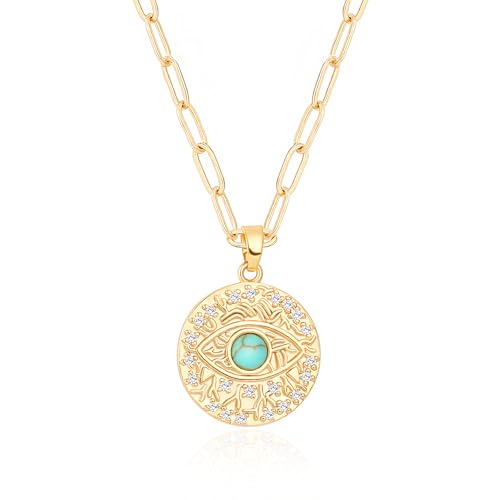 Image of Aobei Pearl Evil Eye Medallion Necklace 18k Gold Paper Clip Chain Coin Pendant Necklace Pave Turquoise Cubic Zirconia Layering Jewelry for Women 18’’