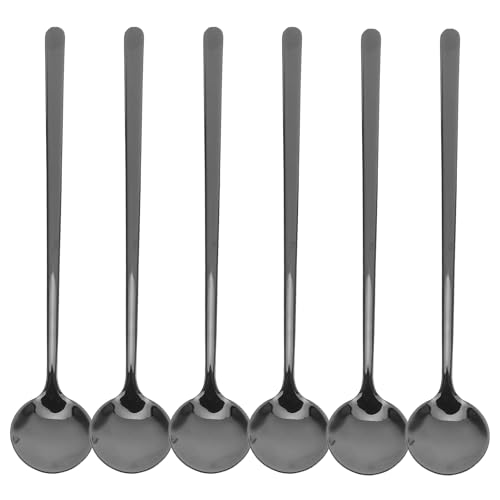 Kichvoe 6 cucharas para té helado de mango largo, cucharas para helado, cucharones largos de café de acero inoxidable para mezclar leche, té y bebidas, color negro.