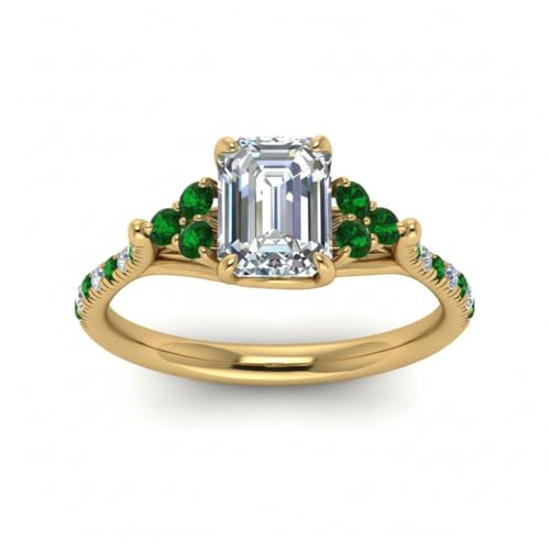 Image of Choose Your Gemstone Emerald Cut Petite Cathedral Diamond CZ Ring Yellow Gold Plated Emerald Shape Petite Engagement Rings for Women, Girls and Ladies US Size 4 to 12
