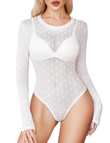 Image of Avidlove Womens Mesh Long Sleeve Bodysuit Round Neck Sheer Leotards Geo Print Bodysuit Top with Snap Crotch