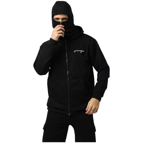 Image of BE SAVAGE Balaclava Zipper Hoodie for Men Heavyweight Zipper Hoodie Jacket for Men Ninja Hoodie Men Black