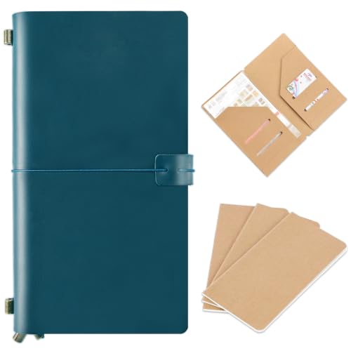 Ox Knight Refillable Leather Travelers Notebook 8.6 x 4.7 Travel Diary for Men and Women Genuine Leather Travel Journal with 3 Inserts Regular Travel Notebook for Writing Sketching & Planning Standard Size Blue