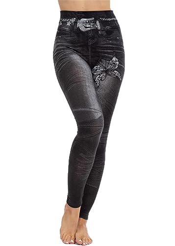 ORANDESIGNE Femme Legging Imprimés Denim et Papillons Leggings Imitation Jean Jeggings Taille Haute Slim Pantalon Moulant Collant Extensible Pantalon de...