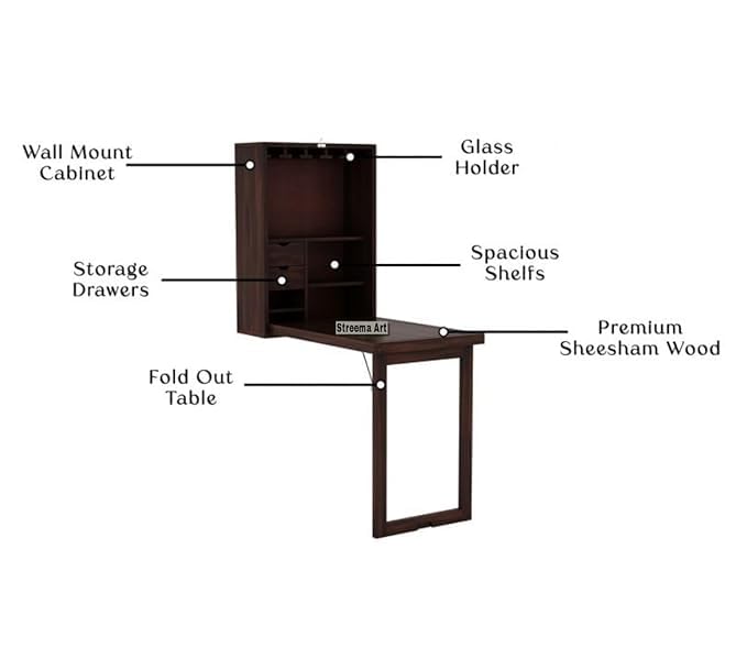 Image of WELL KNOWN Furniture Solid Wood Bar Cabinet for Home | Wall Hanging Design Mini Bar & for Living Room (Natural (Walnuts Balck)