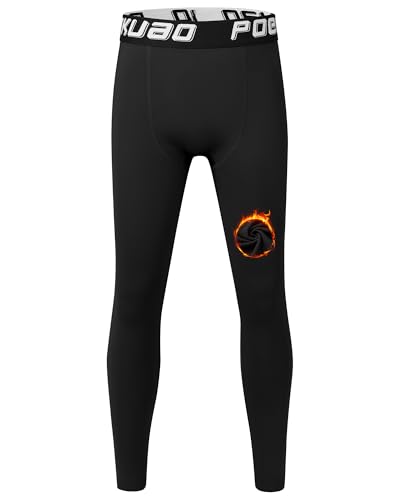 Poekuao Boys Thermal Compression Leggings Youth Fleece Lined Sports Base Layer Pants Kids Quick Dry Athletic Tights Cold Weather Gear Black L