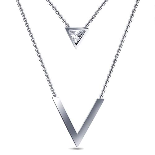 KUANDARMX Geschenk des Liebhabers Titanstahl Halskette Frau Doppeltes Dreieck V-förmig Anhänger Halskette Mode Schlüsselbein Kette Fein Poliert Boutique-Verpackung, Silver Cover