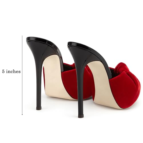 Image of LEHOOR Women Stiletto Heel Mules Platform Bow Round Open Toe Slip On Mule Sandals Velvet Cute 5 Inch Thin High Heels Peep Toe Stilettos Backless Sandal Heels Dress Evening Party 5-12 M US