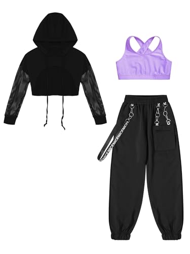 Hansber Girls 3 Piece Jazz Hip Hop Dance Outfits Hooded Crop Top with Leggings Active Set for Gymnastics Yoga Dancing3