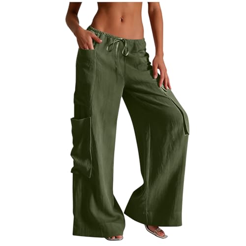 Pantalones Mujer Verano Lino de Algodón Casuales Fluido Largo Pantalones Cintura Alta Elástico Pantalón Comodo Anchos Yoga Pantalón con Bolsillos