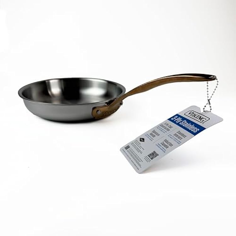 Viking 8 Inch Fry Pan With Copper Handle 3-Ply Stainless Steel And Aluminum Core Mirror Finish Induction Compatible Hand Wash Compact PVD Skillet For All Cooktops
