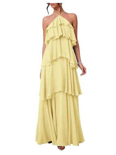 SOLY HUX Women's Sundresses Ruffle Layered Halter Flowy Maxi Dress Elegant Wedding Guest Dresses Plain Yellow Small