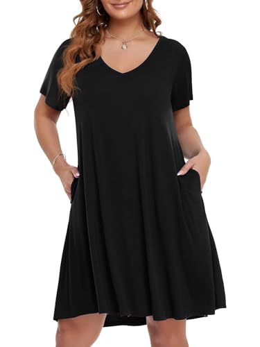 Image of BELAROI Women Casual Summer Dresses Loose Tshirt Beach Sundress V Neck Plus Size Swing Tunic Pockets