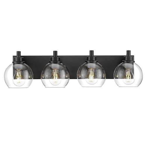 Image of Bathroom Light Fixtures, 4 Light Matte Black Vanity Light, 26 Inch Modern Wall Sconces with Globe Clear Glass Shade, Vanity Lighting Fixtures Over Mirror, VL195-MB-CL-4