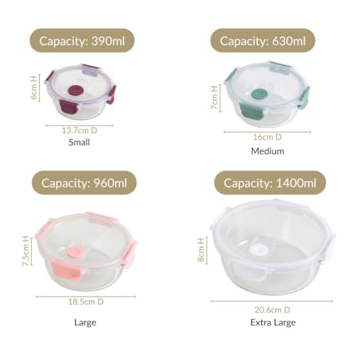 Image of Nestasia Round Stackable Glass Container with Lid Set of 4 (390ml, 630ml, 960ml, 1.4L) - Airtight Food Container with Air Vent for Kitchen | Dishwasher & Microwave Safe Container for Fridge Storage