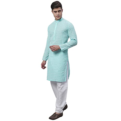 Image of SOJANYA (Since 1958 Men's Pure Cotton Blue Kurta with White Embroidery and White Pyjama Set