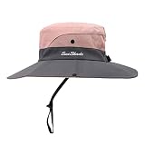 Womens Summer Sun Hat Beach Hat Wide Brim Outdoor UV Protection Hat Foldable Cool Mesh Ponytail Bucket Hat (Grey+Pink)