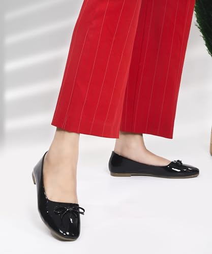 Image of JM LOOKS Elegant Glossy Patent Leather Pointed Toe Flats with Delicate Bow Accent for Professional and Occasion Wear