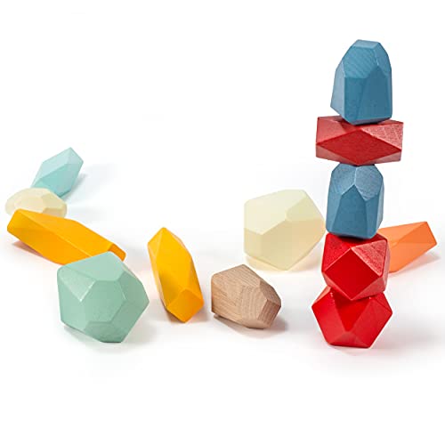 Problocks 24 Pcs Wooden Stacking Stones Game Colored Rainbow Large Small Blocks Montessori Preschool Learning Toys Sorting Balancing Rocks Set For Kids 3 Year Old And Up #TOP1