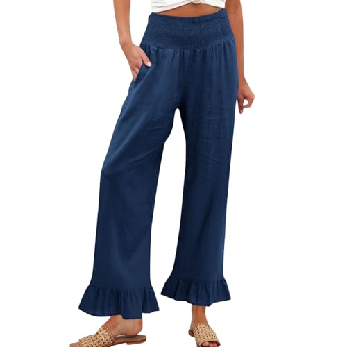 Image of Womens Linen Palazzo Pants Ruffle Hem Drawstring Boho Trousers Beach Travel Vacation Outfits