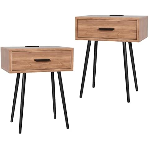 Our Modern Space 2 SET Nightstand with Charging Port and Wooden Drawers - Perfect for Small Side Table, Night Stand Night Stand - Walnut End Table, Dresser for Bedroom, Living Room, Dorm Cover