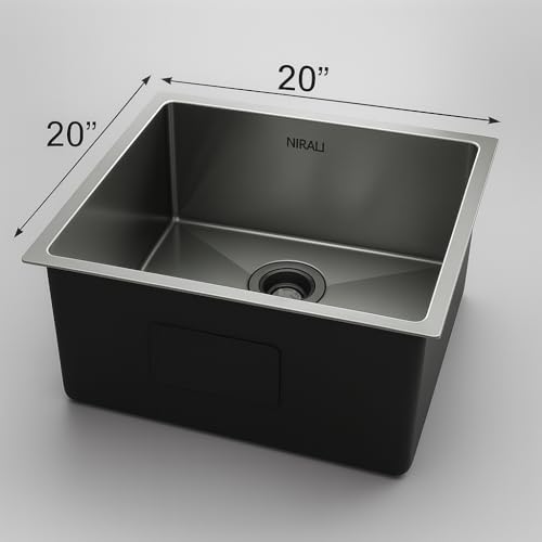 Image of NIRALI Kitchen Sink 20 inch x 20 inch 304 Heavy Duty Stainless Steel | Single Bowl Sink Round Coupling | Rust & Stain Resistant | Matt Finish | Minimizes Sound Macy Square Sink (SS-304) (20 inch x 20 inch x 8 inch)