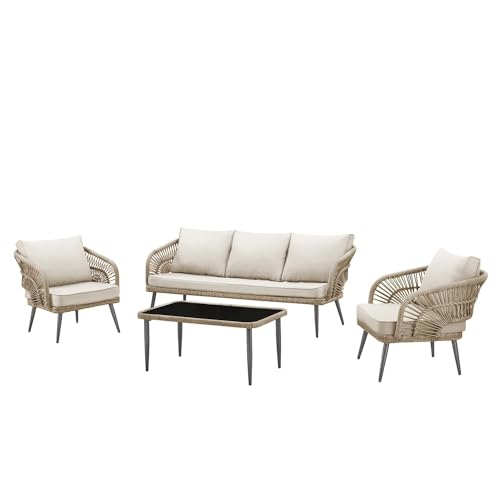 Image of 5 Seater Outdoor Weaving Rope Patio Furniture Set,Waterproof Outdoor Sofa Seating Sturdy Powder-Coated Iron Frame Conversation bistroSet for Balcony,Backyard,Lawn,Garden,Indoor(Beige Color).