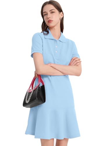 Image of Flygo Womens Polo Dress Summer Short Sleeve Ruffle T Shirt Dress | V Neck Lapel Henley Collar, Three Button Placket, Soft Pique Fabric, Short Mini Tunic Dress, Preppy Golf Tennis Activewear