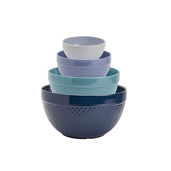 Tabletops Gallery Hobnail Style 4 Piece Blue Storm Stoneware Nesting Mixing Bowl Set for Baking and Cooking Tabletops Gallery Hobnail Style 4 Piece Blue Storm Stoneware Nesting Mixing Bowl Set for Baking and Cooking