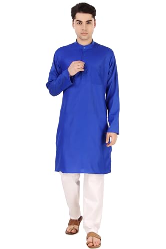 Image of Men's Cotton Solid Kurta Set Mandarin Collar Regular Fit Long Sleeves Ethnic Dress