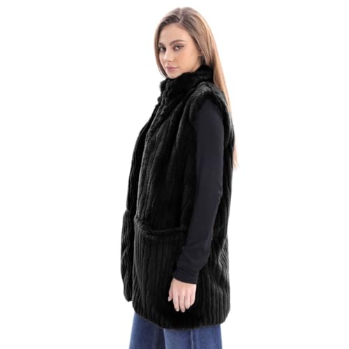 Gilet noir sans manches en fausse fourrure pour femme avec col montant S - 2
