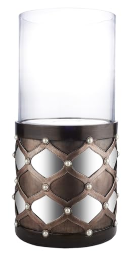 HomeRoots 468842 22 x 11.5 x 11.5 in. Bronze & Silver with Pearls Tabletop Hurricane Candle Holder