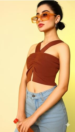 Image of Bedazzle Women's Ribbed Cutout Crop Top | Strappy V-Neck Ruched Sleeveless Tank | Sexy Stretchy Bodycon Club Wear for Party & Summer
