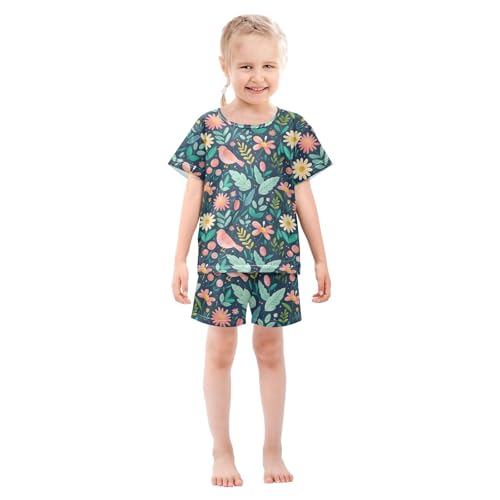 ALAZA Bird Leaves Flower Floral Pajamas Short Sleeve 2 Piece Sleepwear Top and Bottom Pajama Set Unisex3