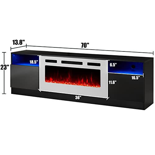 Image of AMERLIFE Fireplace TV Stand with 36 inch Electric Fireplace, LED Light Entertainment Center, Modern Wood Texture Entertainment Stand with Highlight Storage Cabinet for TVs Up to 80 inch, 70 inch, Black & White