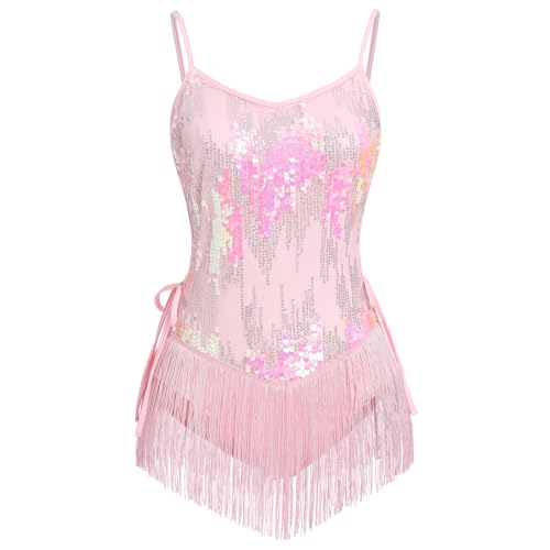 EFOGEP Damen Latein Tanz Pailletten Fransen Bodysuit Sparkly Quaste Lace Up Leotard Sexy Festival Rave Konzert Cocktail Party Outfits Rosa S