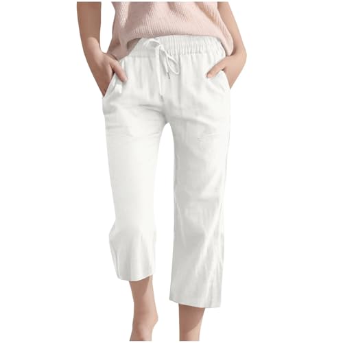 Capris Pants for Girls Summer Casual Loose Cotton Linen Straight Wide Leg Drawstring Elastic Waist Solid Cropped Pant