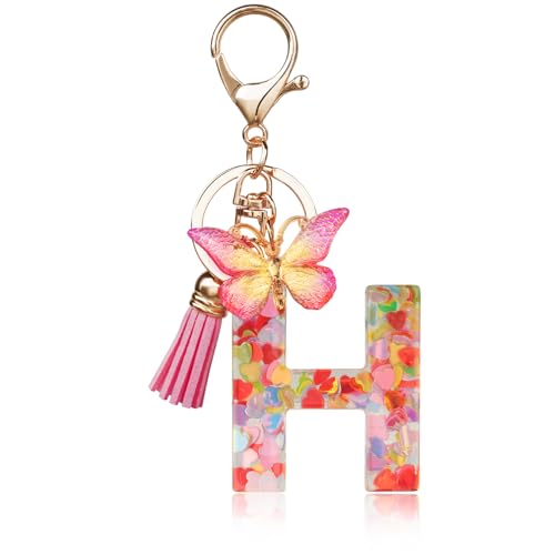 OSDUE Porte-clés pour Fille Lettre,Porte-clés pour Femme avec Lettre Initiale Lettre en Résine avec pendentif papillon et pampille pour Femmes Filles...