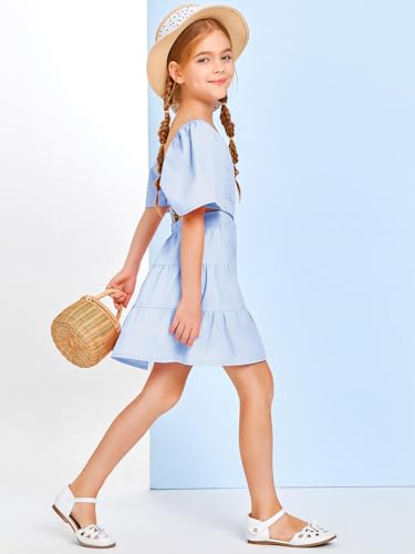 Batermoon Girls Summer Dress Square Neck Short Sleeve Crossover Waist Casual A-line Mini Dress - Image 5