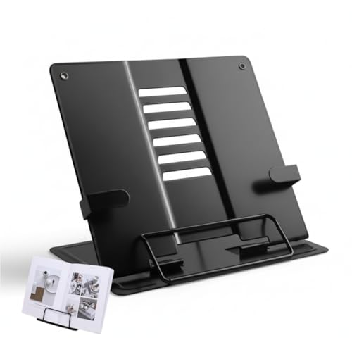 Atril de lectura, fabricado en metal, color negro, multifuncional, portátil y ajustable, adecuado para libros, teléfonos móviles, etc