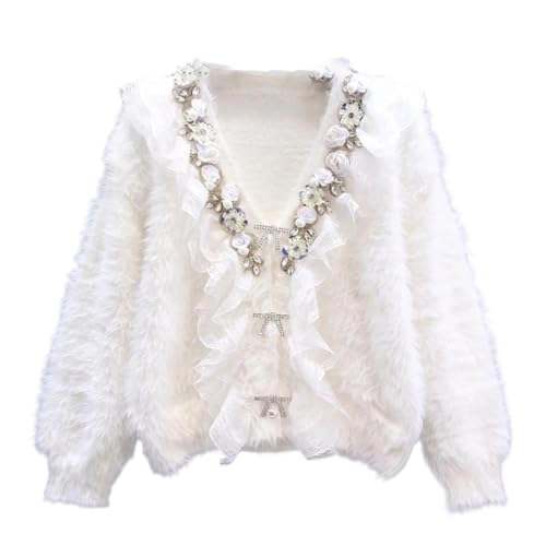 Women Knitted Cardigan Furry Sweater Nail Bead Ruffles Edge Design