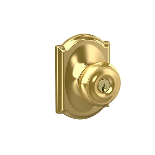 Image of Schlage F51A GEO 605 CAM Georgian Knob with Camelot Trim Keyed Entry Lock, Bright Brass