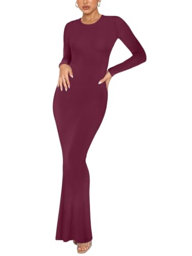 Image of REORIA Women's Sexy Crew Neck Lounge Long Dress Elegant Long Sleeve Ribbed Bodycon Maxi Dresses