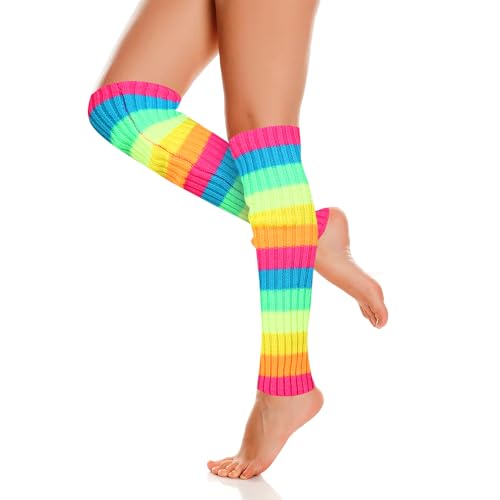 Image of Benefeet Striped Leg Warmers for Women & Girls - Ribbed Knit Soft Colorful Long Warmers for 80s 90s Dance Party